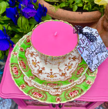 Load image into Gallery viewer, 1880s Green &amp; pink roses Victorian Teacup Soy candle trio set
