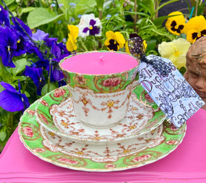 1880s Green & pink roses Victorian Teacup Soy candle trio set