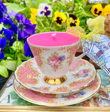 Load image into Gallery viewer, Beautiful Royal Imperial Pink Brocade Teacup with scented soy Candle
