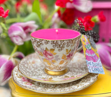 Load image into Gallery viewer, Beautiful Hand-painted Gold Chintz &amp; pink Roses Teacup trio scented Soy Candle
