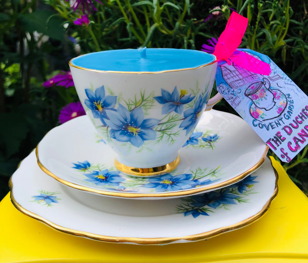 Lovely Vintage ‘Blue Cornflowers’ Scented Soy Candle in a Teacup trio
