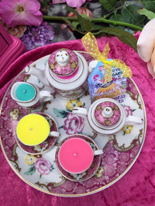 Vintage Pink floral  Miniature Tea-set on Round tray