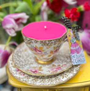 Beautiful Hand-painted Gold Chintz & pink Roses Teacup trio scented Soy Candle