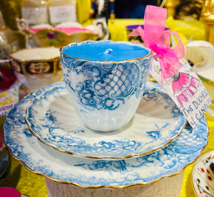 Stunning Antique Victorian Blue & White floral Teacup Soy Candle Trio set