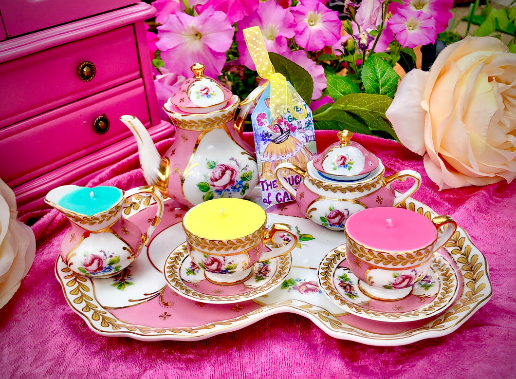 Regal Pink & Gold floral Miniature Tea set