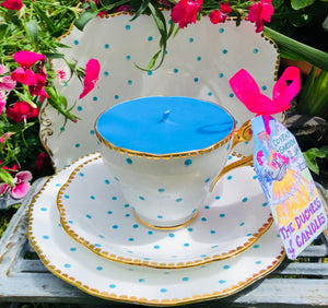 Royal Standard blue Polka dot teacup soy candle trio set