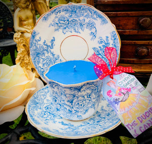 Victorian Antique Scalloped Blue & White Floral Garden Soy Teacup candle Trio Set