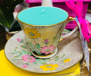 Art Deco Gold Chintz & hand painted Pink & Yellow Flowers Coffee Cup Candle