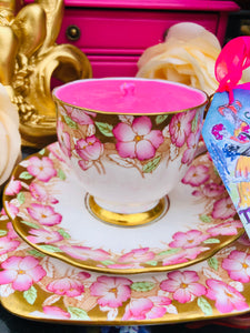 Stunning Art Deco ‘Bell’ Pink Floral & Brushed Gold scented Soy Teacup trio set