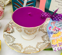 Load image into Gallery viewer, Stunning Gold chintz Brocade English scented soy teacup candle
