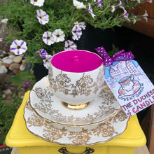 Load image into Gallery viewer, Elegant Vintage 1960s Floral Gold Brocade Scented Soy Coffee cup candle
