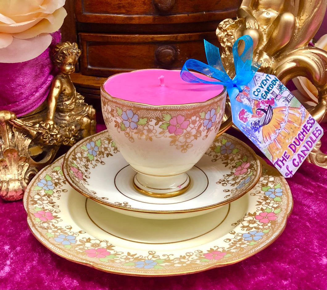 Elegant 1930s Art Deco Gold Brocade ‘Royal Grafton Teacup Scented Soy Candle