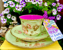 Load image into Gallery viewer, Lovely Antique Victorian  Green &amp; floral brushed gold Teacup trio Scented Soy Candle
