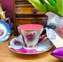 Load image into Gallery viewer, Pretty Fuchsia Pink Rose demitasse coffee cup &amp; saucer - pink rose &amp; burgundy
