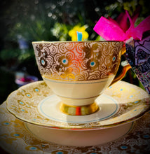 Load image into Gallery viewer, Royal Tuscan Gold Brocade &amp; Turquoise Teacup Trio - Set Gold Brocade on Cream
