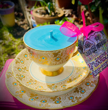 Load image into Gallery viewer, Royal Tuscan Gold Brocade &amp; Turquoise Teacup Trio - Set Gold Brocade on Cream
