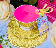 Load image into Gallery viewer, Stunning ‘Colclough’ Yellow &amp; Gold Chintz 1950s Teacup trio Scented Soy Candle
