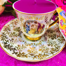 Load image into Gallery viewer, Stunning Pearl lustre &amp; Gold chintz Classical Figures Demitasse coffee cup scented soy candle
