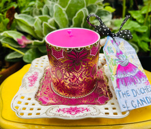 Stunning Pink & Gold Brocade Expresso Coffee Cup   Soy Candle
