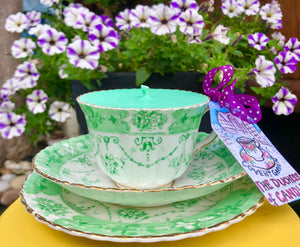 Victorian Antique 1895 Royal Albert Green floral Soy Scented Candle Teacup Trio