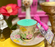 Load image into Gallery viewer, Art Deco Gold Chintz &amp; hand painted Pink &amp; Yellow Flowers Coffee Cup Candle

