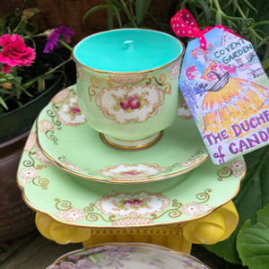 Exquisite Alfred Pearce Art Deco Pastel Green & pink Roses Teacup trio scented soy Candle