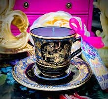 Load image into Gallery viewer, Ornate 1970s Vintage Black &amp; Gold Greek God of Harvest ‘Demeter’ Coffee cup candle set
