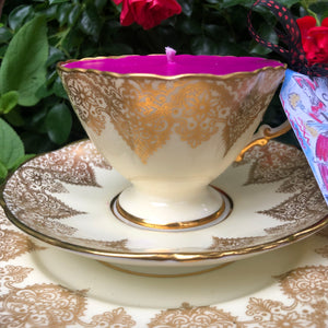 Stunning Jenners of Edinburgh Gold Leaf & Brocade teacup scented soy candle trio set