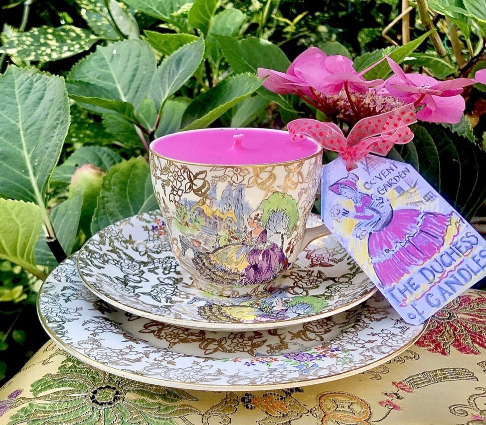 Stunning Nelson ware 1930s Crinoline lady in a purple dress teacup scented soy candle