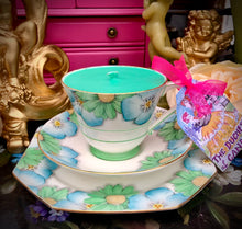 Load image into Gallery viewer, Stunning Turquoise blue &amp; Green Art Deco ‘Paragon’ Teacup Soy Candle trio set
