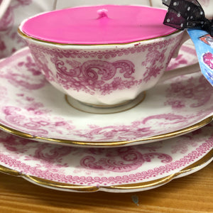 Stunning Collector’s Antique Victorian ‘Roma’ Pink & White Soy Scented teacup trio